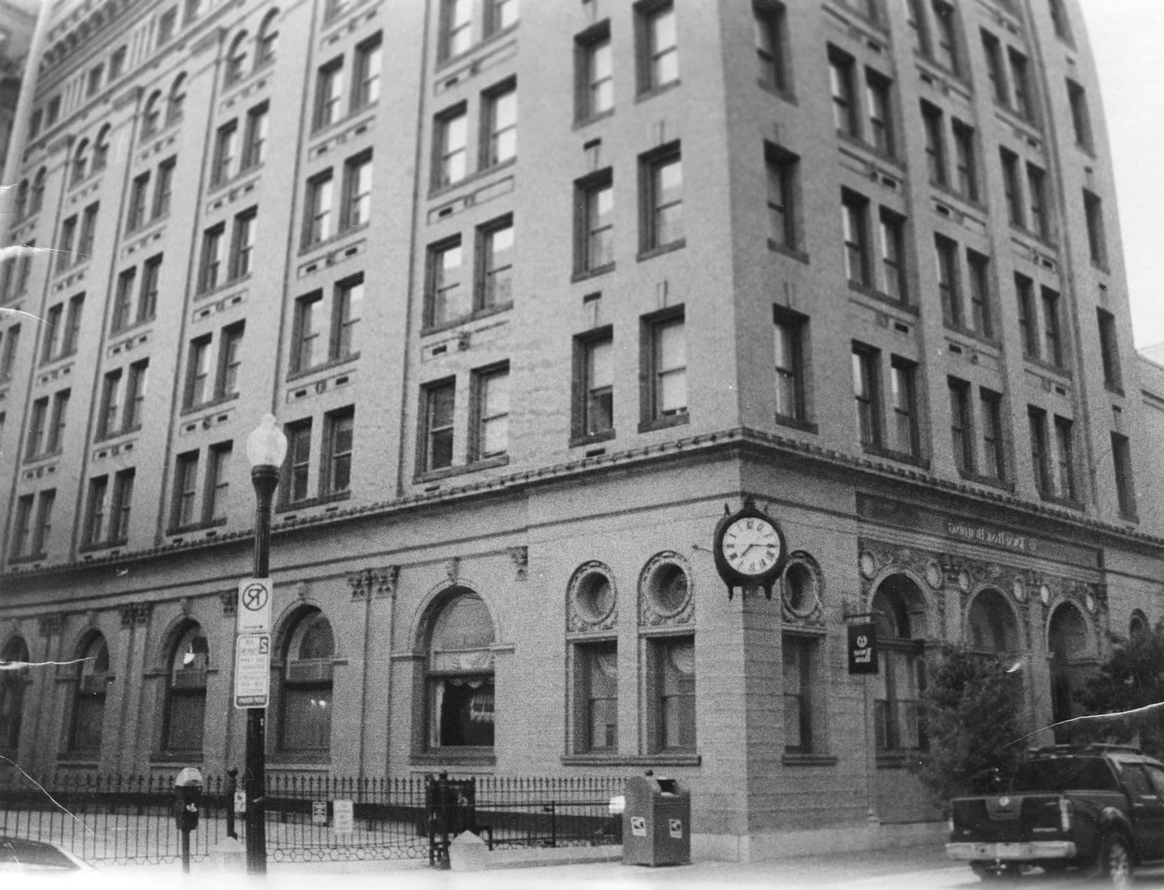 Black and white photo of a historic building in Norfolk, Virginia showcasing classic architecture.